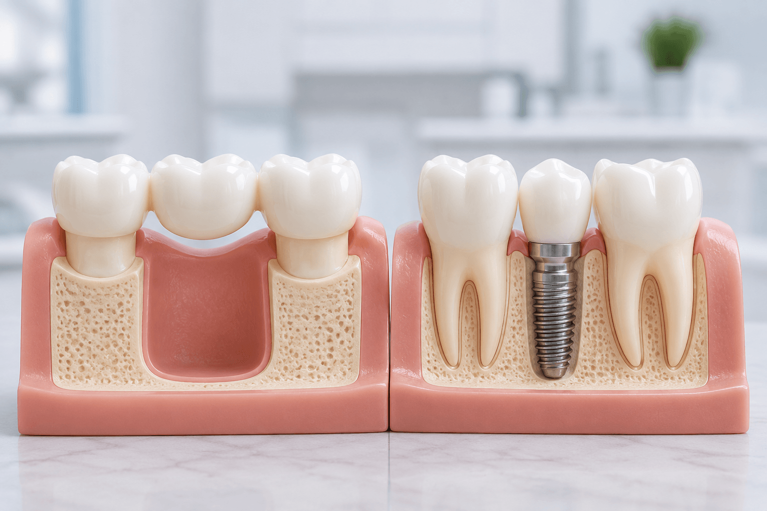 Comparison of a dental bridge and dental implant used to replace a missing tooth