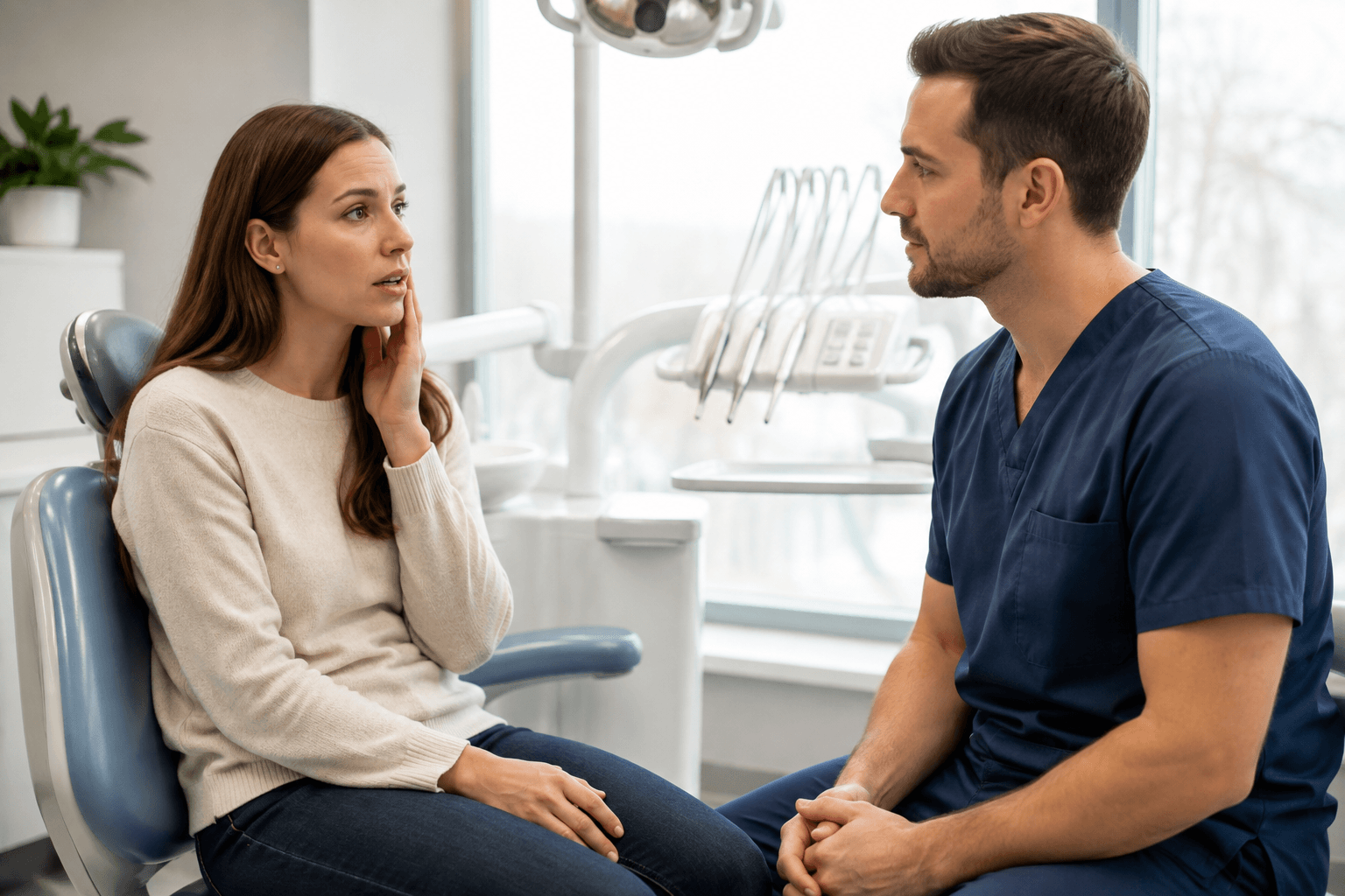 Patient discussing sudden tooth pain with a dentist in a dental office.