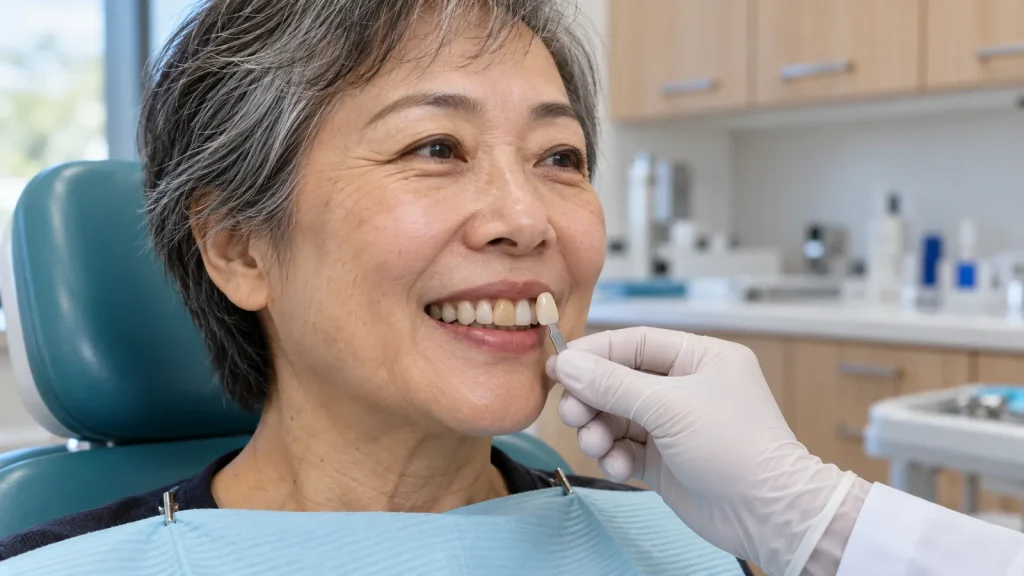 Dentist holds a shade tab beside an older woman's smile with one darker upper front tooth.